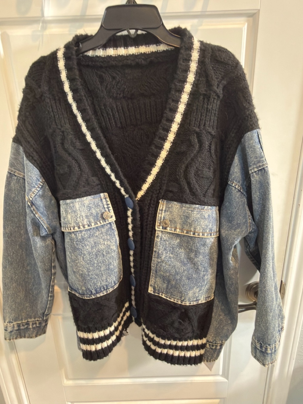 Commense Black and Cream Knit Sweater with Denim Detail